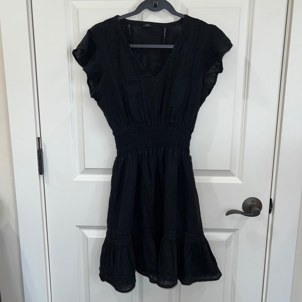 Rails Tara V-Neck Short Sleeve Black Mini Dress Lace Detail Linen/Rayon Small‎